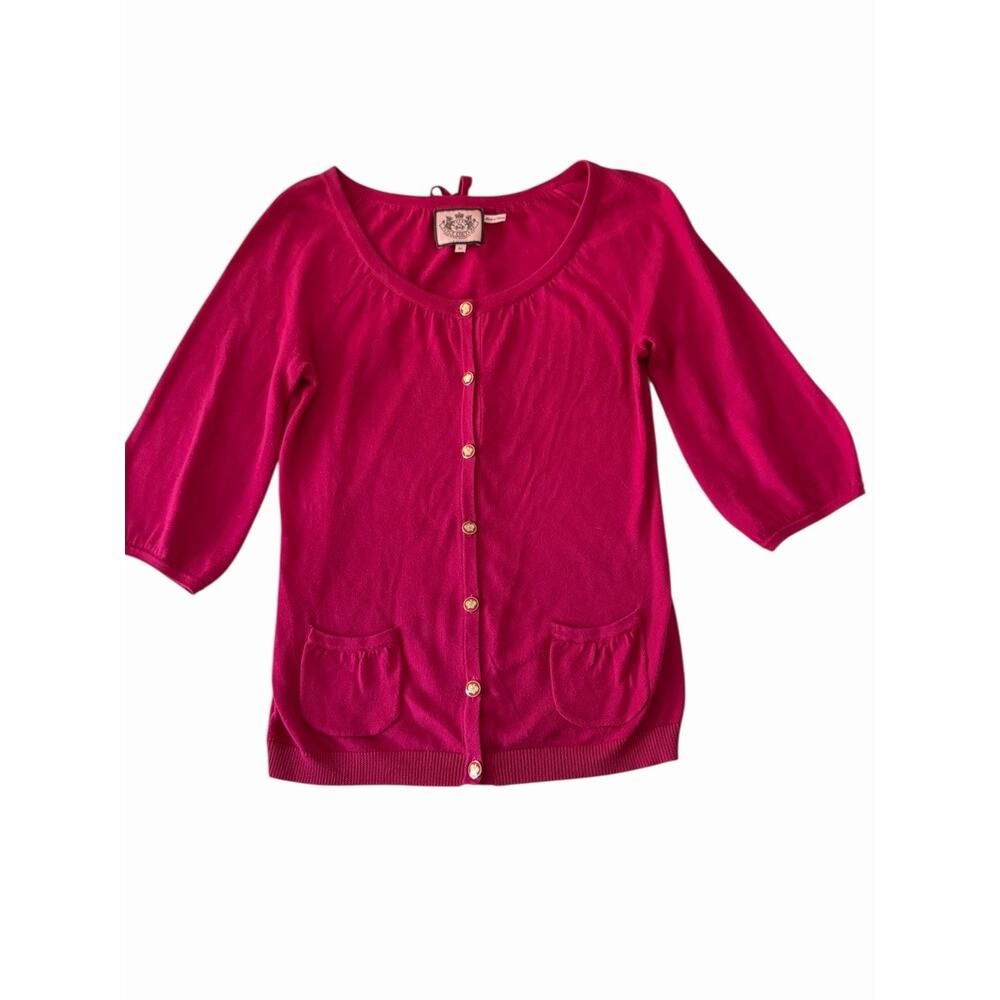 Juicy Couture Cardigan Sweater Top Size M Button Hot Pink Crown Knit Y2K Tie